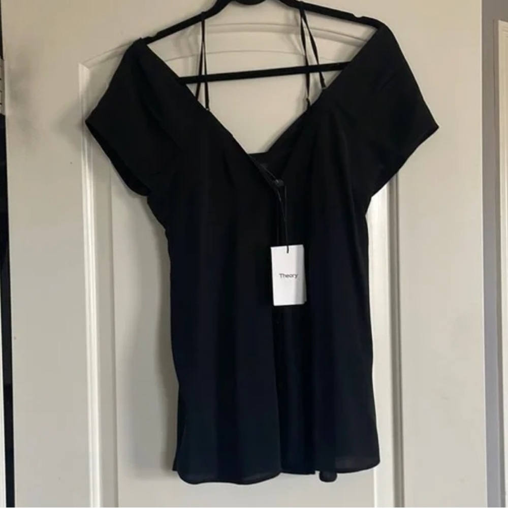 Theory Classic Off The Shoulder Button Up Blouse